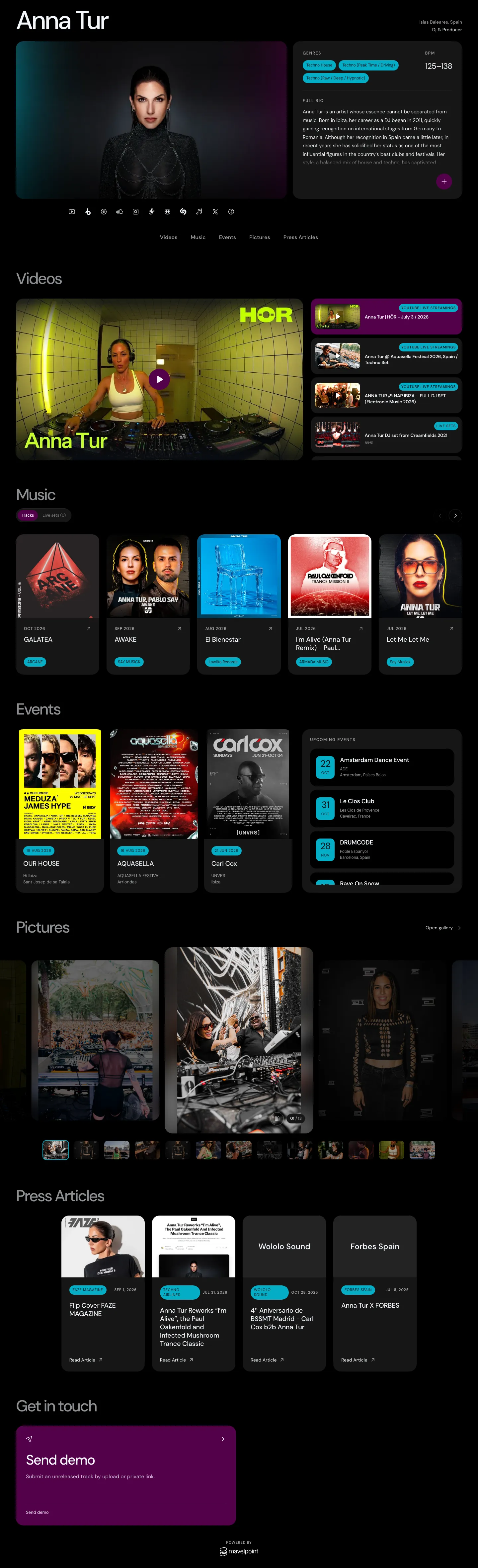 Anna Tur's public profile on MavelPoint, scrolled from top to bottom: portrait, genres and BPM, bio, social links, videos, music, events, pictures and press articles.