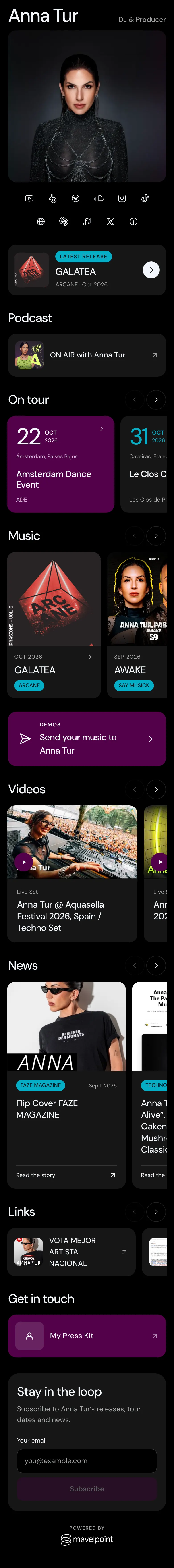 Anna Tur's MavelTree, scrolled from top to bottom: her portrait, social icons, latest release, podcast, upcoming dates and links.